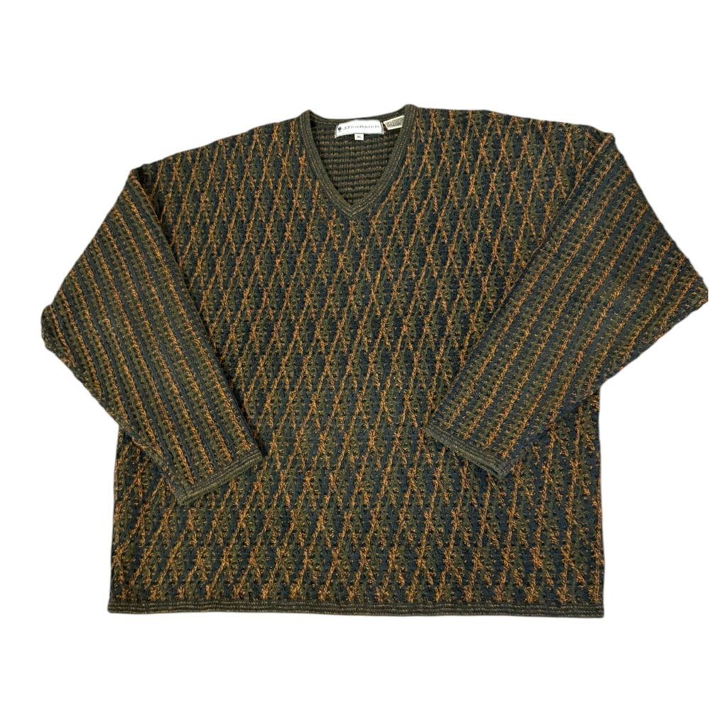 JJ Farmer Vintage Wool Blend Sweater Textured Knit V Neck Retro Mens Size XL